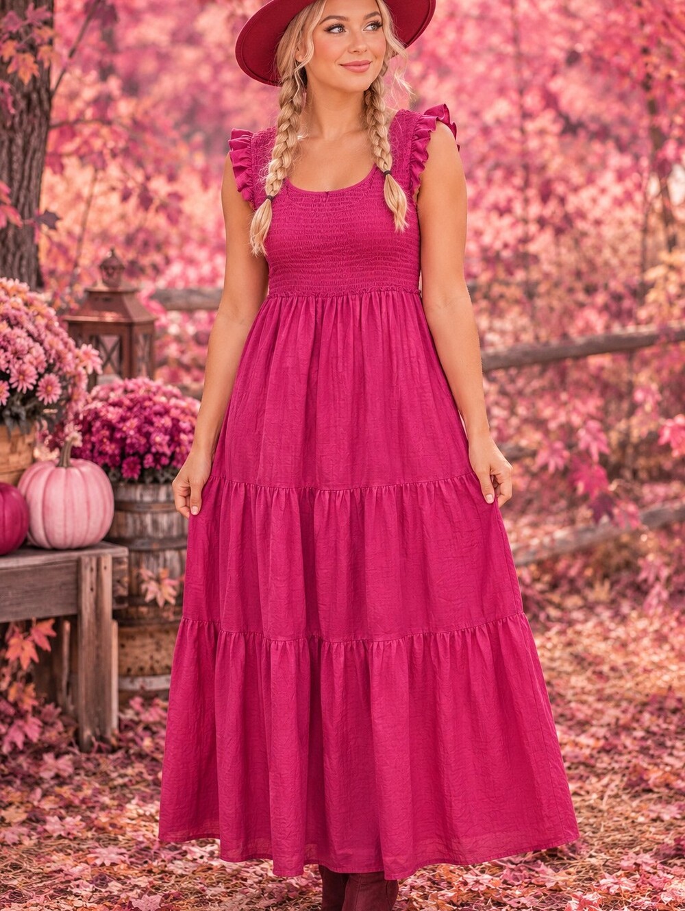 NATURAL LIFE Fuchsia Ruffle Sleeve Tiered Maxi Dress
